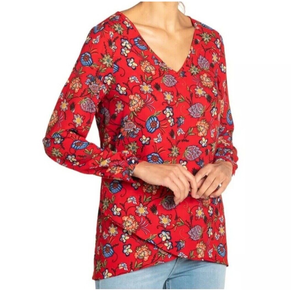 Chelsea & Theodore Red Floral Long Sleeve V Neck Blouse XXL